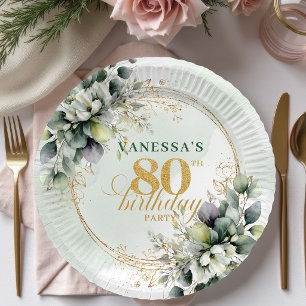 Dusty Green Watercolor Botanical 80th Birthday  Paper Plate