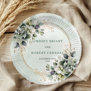 Dusty Green Watercolor Greenery Wedding Paper  Plate