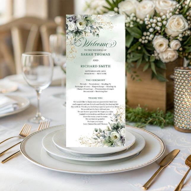 Dusty Green Watercolor Greenery Wedding Program Programme (Dusty Green Watercolor Greenery Wedding Program)