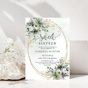 Dusty Green Watercolor Sweet Sixteen Invitation