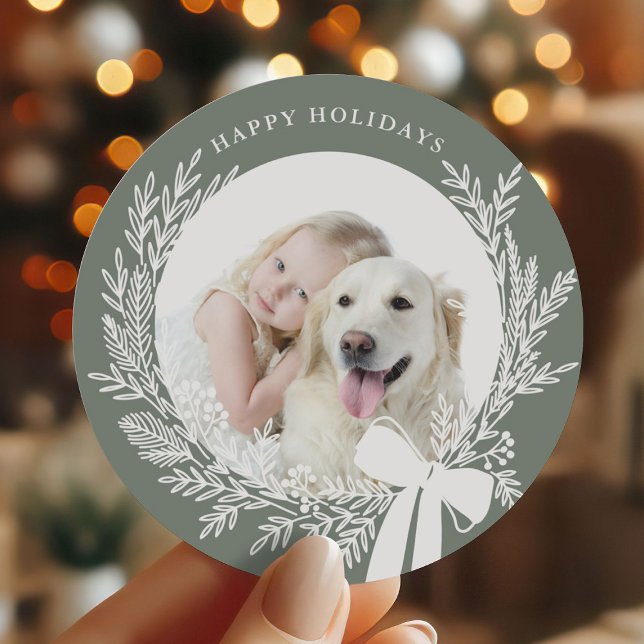 Dusty Green & White Christmas Wreath Photo Classic Round Sticker (Creator Uploaded)