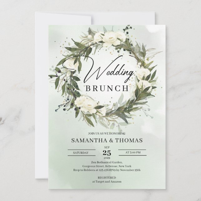Dusty greenery foliage olive wreath wedding brunch invitation (Front)