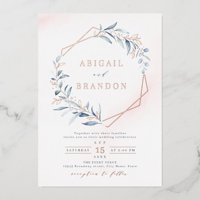 Dusty Greenery Rose Gold Geometric Rustic Wedding (Front)