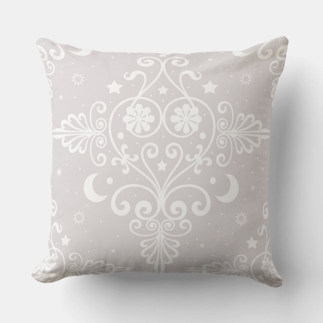 Dusty Grey Rose Bohemian Celestial Damask Pattern Cushion (Front)