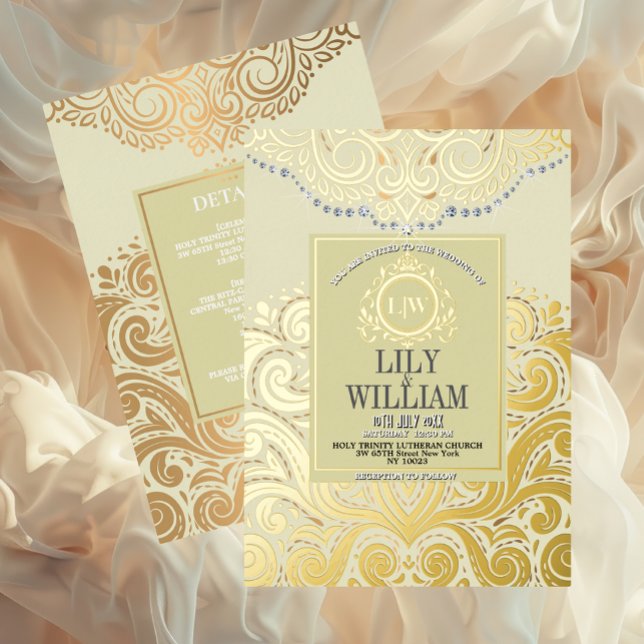 Dusty Ivory Gold Classic Monogram Boho Wedding (Luxurious Elegant Classic Boho Wedding Invitation - Real Foil and Monogram)