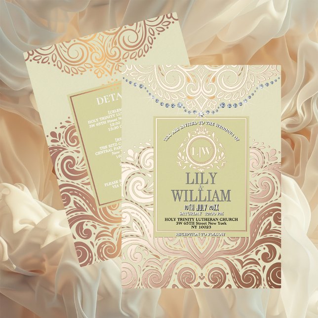 Dusty Ivory RoseGold Classic Monogram Boho Wedding (Luxurious Elegant Classic Boho Wedding Invitation - Real Foil and Monogram)