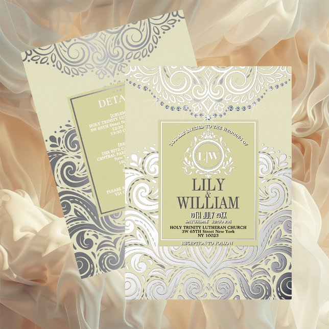 Dusty Ivory Silver Classic Monogram Boho Wedding (Luxurious Elegant Classic Boho Wedding Invitation - Real Foil and Monogram)