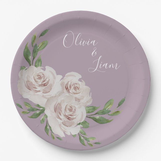 Dusty Lavender Floral Elegant Script Wedding Paper Plate (Front)
