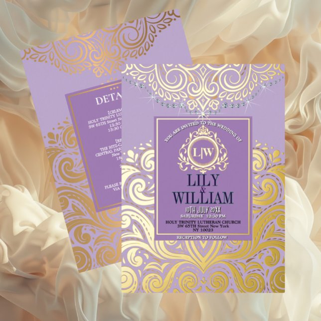 Dusty Lavender Gold Classic Monogram Boho Wedding (Luxurious Elegant Classic Boho Wedding Invitation - Real Foil and Monogram)
