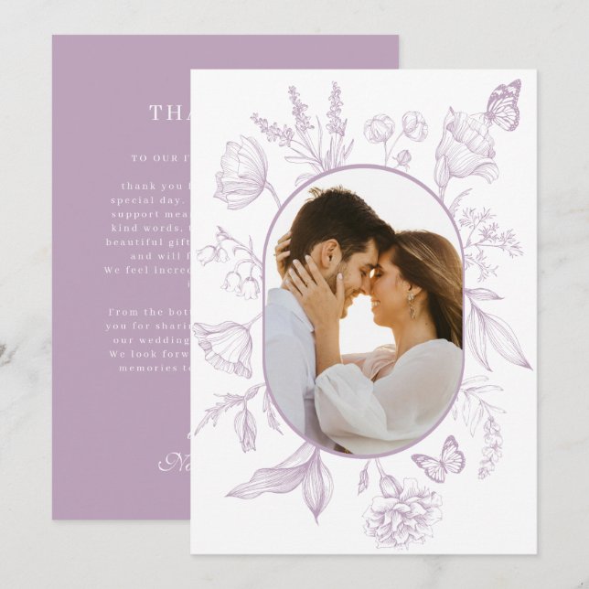Dusty Lavender Line Art Floral Butterfly Photo Thank You Card (Front/Back)