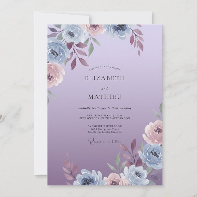 Dusty Lavender Periwinkle Leafy Wedding Invitation (Front)