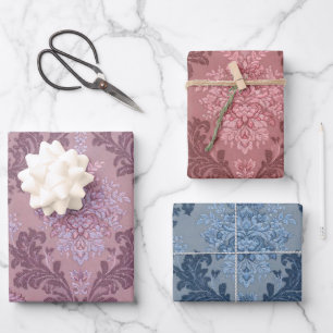 Dusty Lavender Rose Smokey Blue Elegant Damask Wrapping Paper Sheet