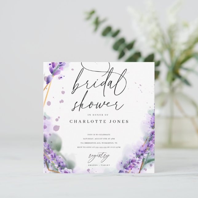 Dusty Lavender Watercolor Photo Bridal Shower Invitation (Standing Front)
