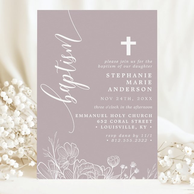 Dusty Lavender White Floral Elegant Script Baptism Invitation (Creator Uploaded)