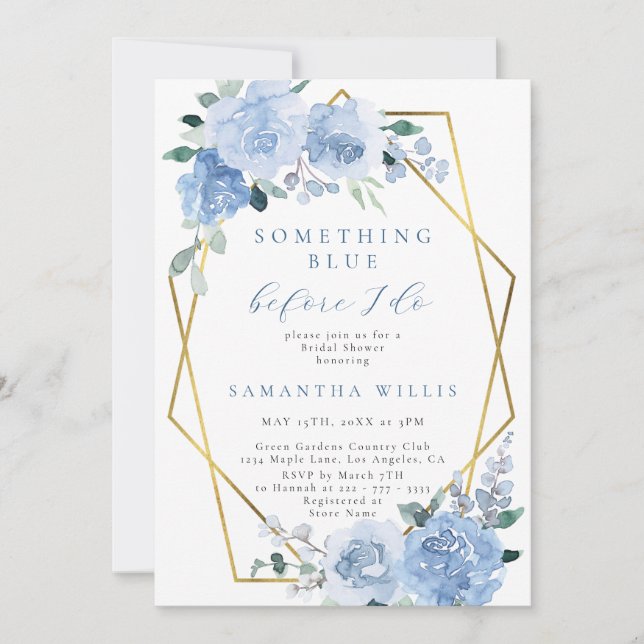 Dusty Light Blue Floral Gold Bridal Shower Invitation (Front)