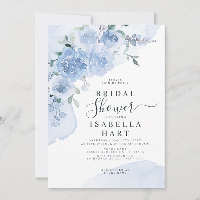 Dusty Light Blue Flowers Floral Boho Bridal Shower Invitation (Front)