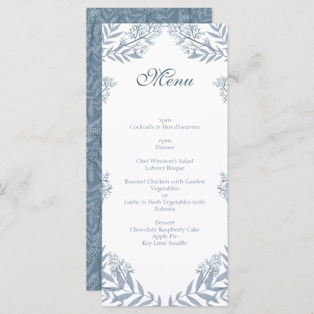 Dusty Light Blue Wedding Vintage Botanical Menu (Front/Back)
