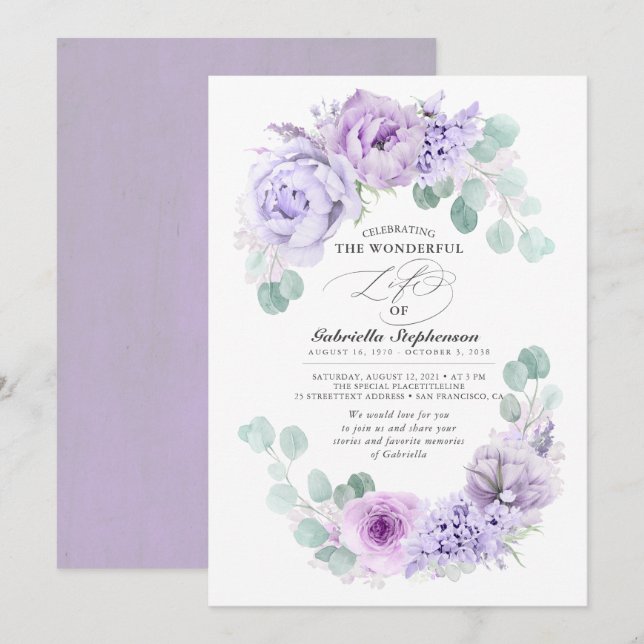 Dusty Light Purple Flowers Dreamy Elegant Funeral Invitation (Front/Back)