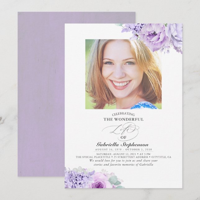Dusty Light Purple Flowers Elegant Funeral Photo Invitation (Front/Back)