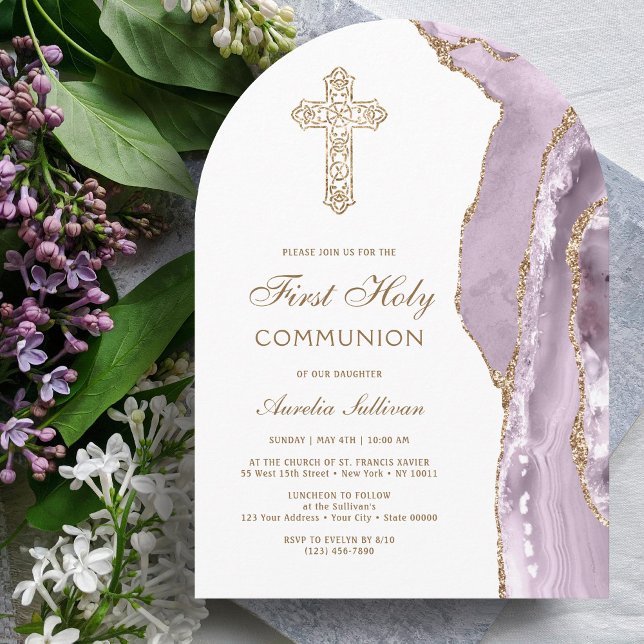 Dusty Lilac Agate First Communion Invitation (Creator Uploaded)