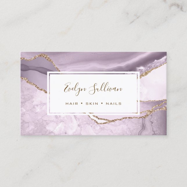 dusty lilac and gold glitter agate business card (Front)