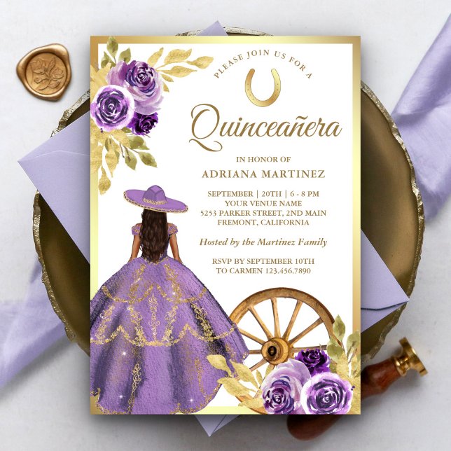 Dusty Lilac Floral Dress Charro Gold Quinceanera Invitation (Creator Uploaded)