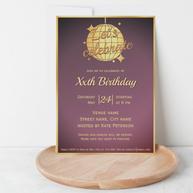 Dusty lilac gold disco ball birthday party  invitation (Creator Uploaded)