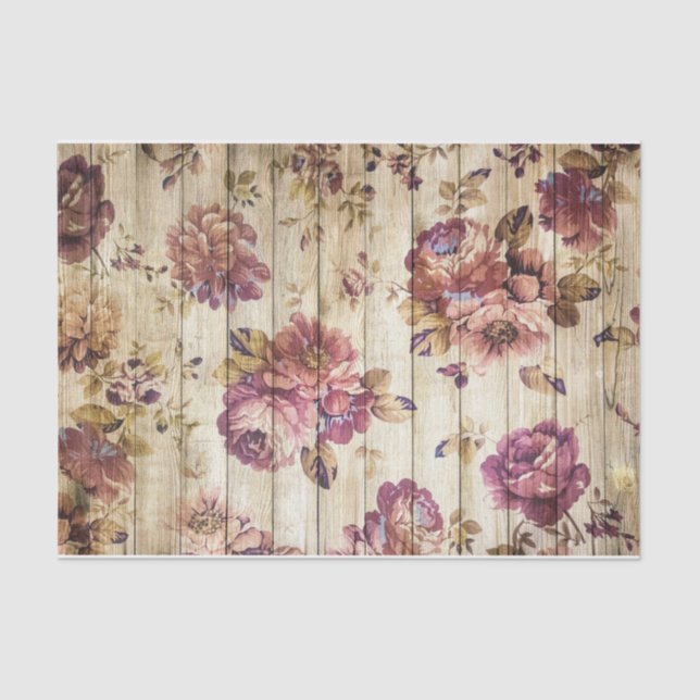 Dusty Lilac Pink Flowers Light Beige Wood Planks Tissue Paper (Front)