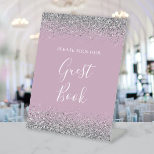 Dusty Lilac Silver Glitter Wedding Guest Book Pedestal Sign