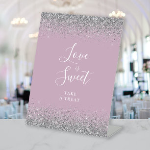 Dusty Lilac Silver Glitter Wedding Love Is Sweet Pedestal Sign