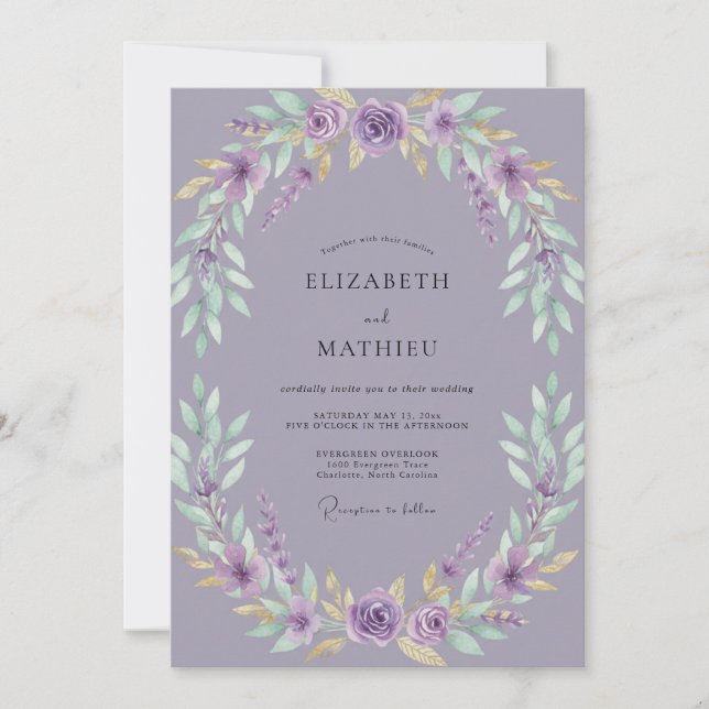 Dusty Lilac Wreath Wedding Invitation (Front)