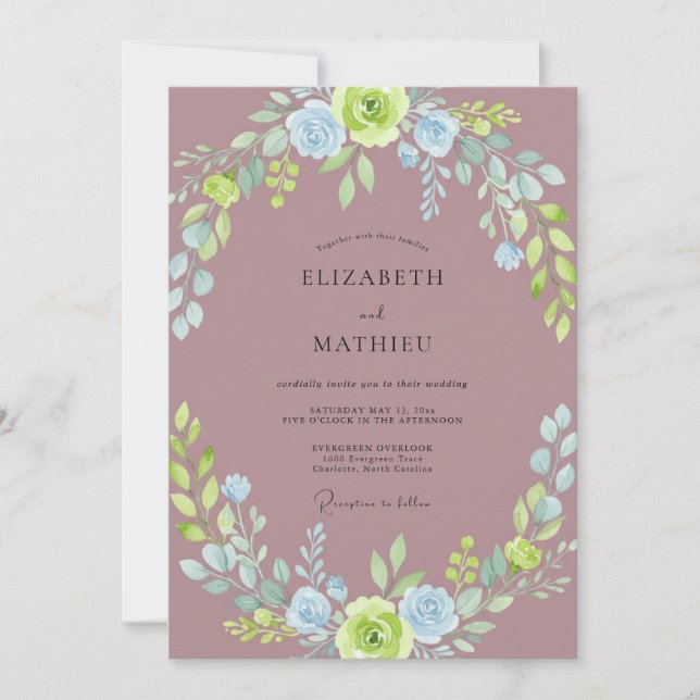 Dusty Mauve Azure Wreath Wedding Invitation (Front)