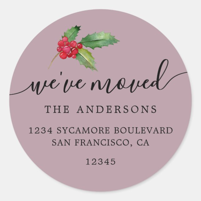 Dusty Mauve Christmas Greenery New Address Home Classic Round Sticker (Front)