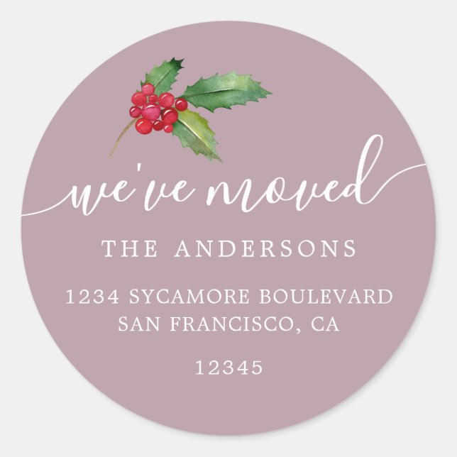 Dusty Mauve Christmas Greenery New Address Home Classic Round Sticker (Front)
