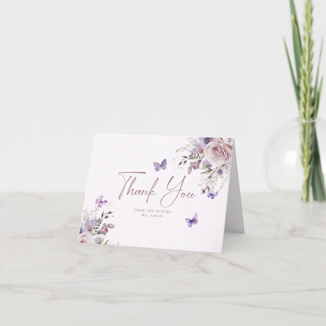 Dusty Mauve Floral Butterfly Bridal Shower Thank You Card (Front)