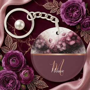 Dusty Mauve Floral Rose Gold Monogram Key Ring