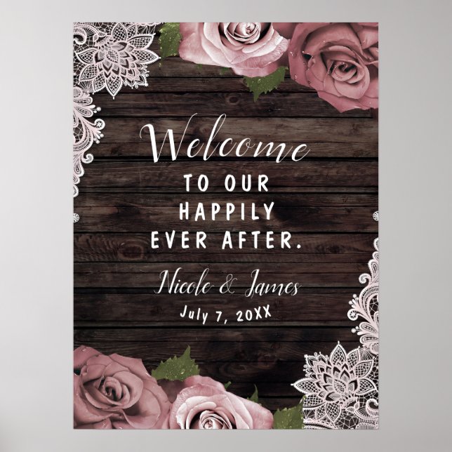 Dusty Mauve Floral Roses Rustic Wood Lace Wedding Poster (Front)