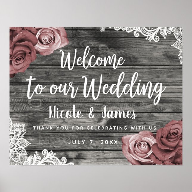 Dusty Mauve Floral Roses Rustic Wood Lace Wedding  Poster (Front)