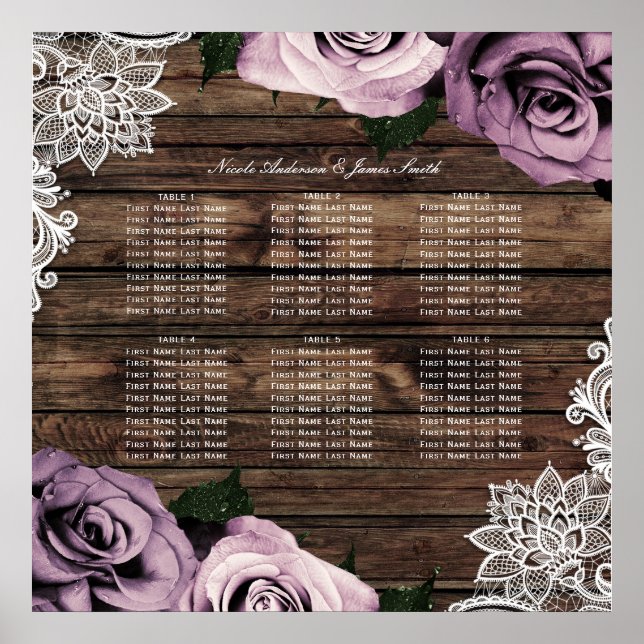 Dusty Mauve Floral Roses Rustic Wood Seating Chart (Front)