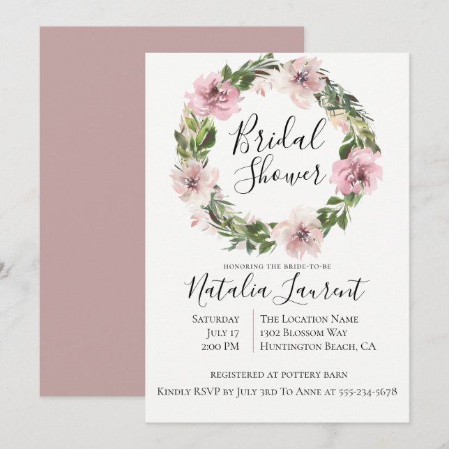 Dusty Mauve Floral Wreath Bridal Shower Invitation (Front/Back)