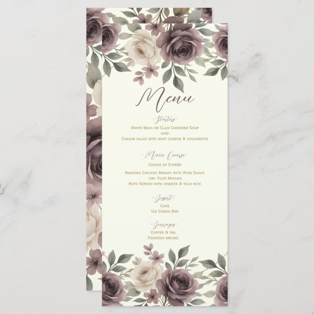 Dusty Mauve & Ivory Bloom Botanical Wedding Menu (Front/Back)