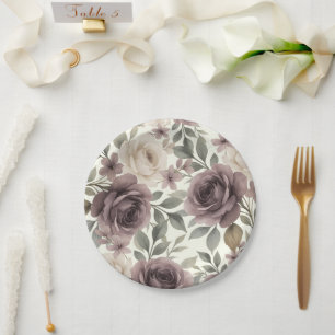 Dusty Mauve & Ivory Bloom Botanical Wedding Paper Plate