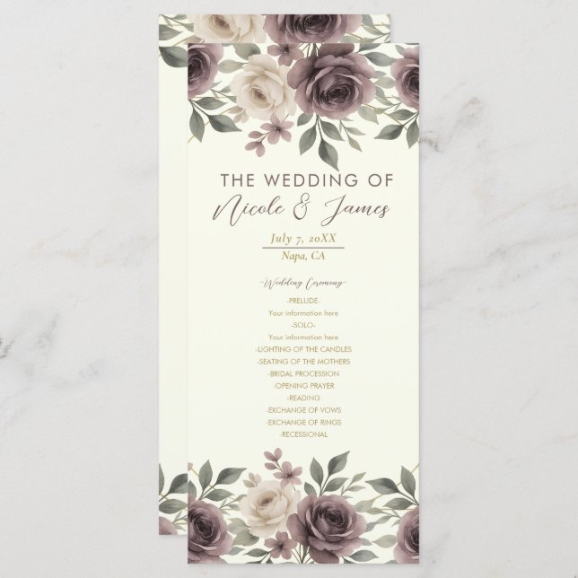 Dusty Mauve Ivory Bloom Botanical Wedding Program Menu (Front/Back)