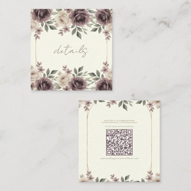Dusty Mauve & Ivory Bloom Botanical Wedding Square Business Card (Front/Back)