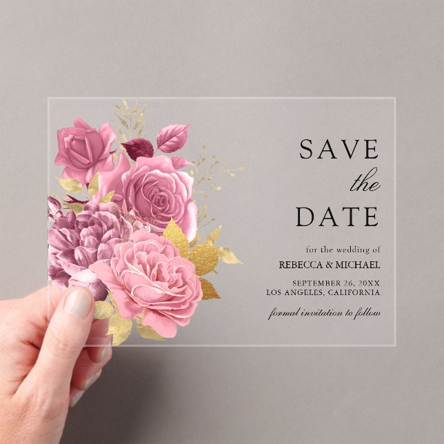 Dusty Mauve Pink Floral Gold Wedding Save the Date Acrylic Invitations (Insitu (Handheld))