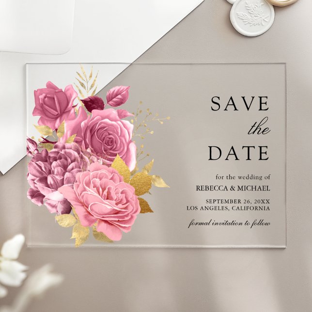Dusty Mauve Pink Floral Gold Wedding Save the Date Acrylic Invitations (Creator Uploaded)