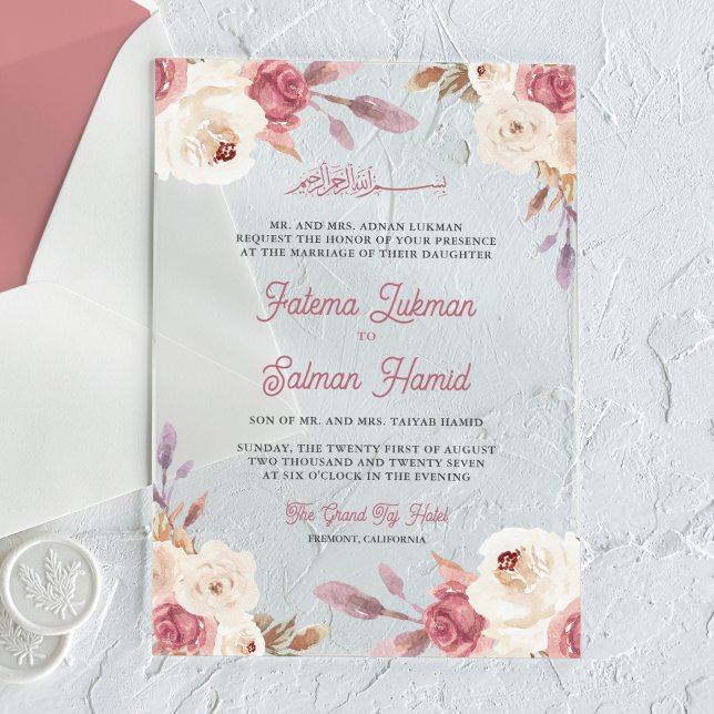 Dusty Mauve Pink Floral Islamic Muslim Wedding Acrylic Invitations (Creator Uploaded)
