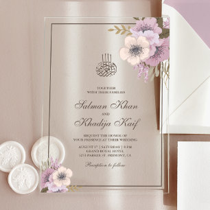 Dusty Mauve Pink Floral Islamic Muslim Wedding Acrylic Invitations