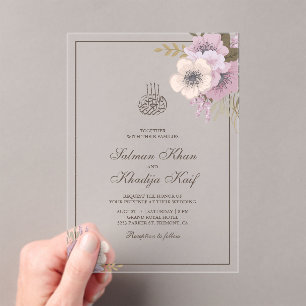Dusty Mauve Pink Floral Islamic Muslim Wedding Acrylic Invitations