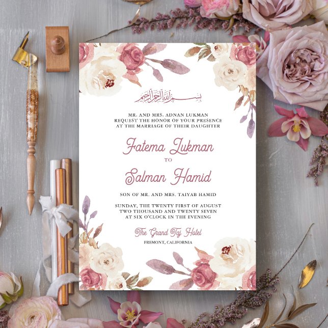 Dusty Mauve Pink Floral Islamic Muslim Wedding Invitation (Creator Uploaded)